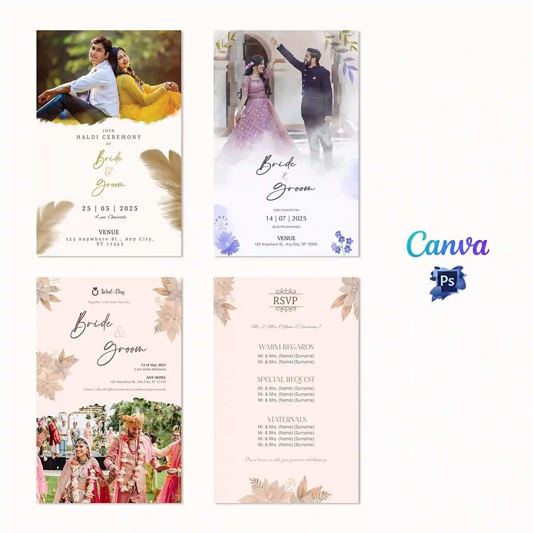 Editable Wedding Card Bundle | Customize | Printable | DIY | Wedding Card | Indian Wedding Cards Bundle | Haldi | Sangeet | Reception | RSVP