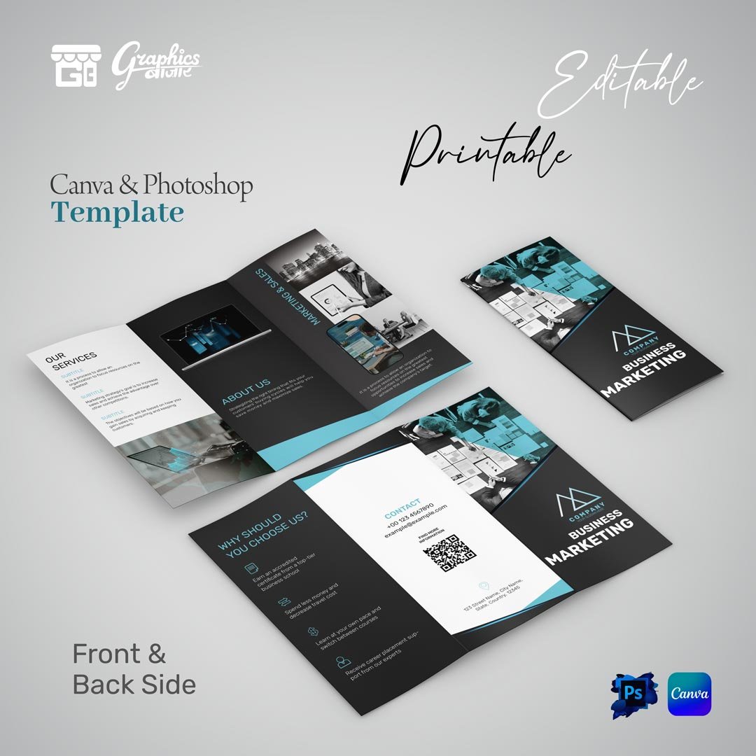 Editable Trifold Business Brochure Template. Double Sided Brochure Front Side & Back Side Brochure